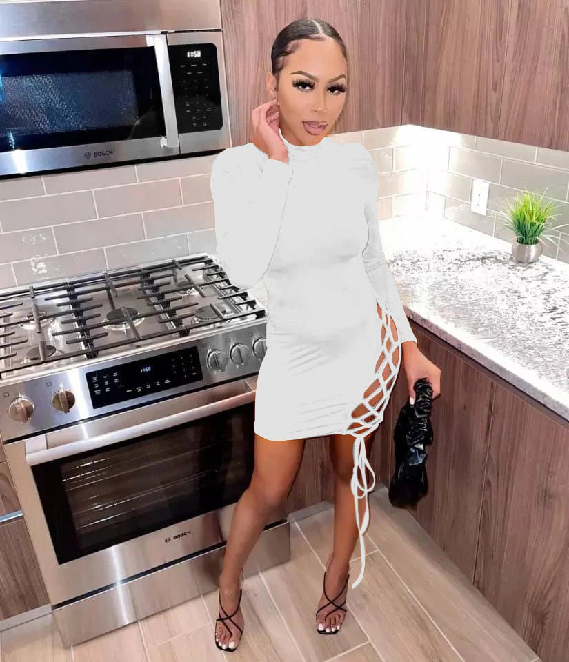 Vestito Donna Corto Aderente Spacco Laterale Lacci Manica Lunga Mezzo Collo 3 Vestito Donna Corto Aderente Spacco Laterale Lacci Manica Lunga Mezzo Collo - immagine 3