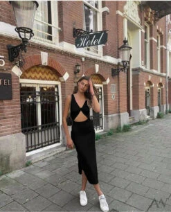 Abito Donna Vestito Lungo Scollo V Intreccio Gonna Spacco Schiena Scoperta -Lindavi Negozio WhatsApp Image 2022 02 11 at 11.34.14 2