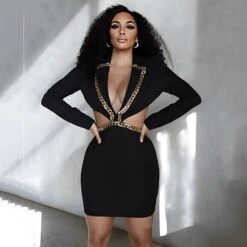 Vestito Donna Tubino Scollo V Cut Out Catena Gioiello Elegante Aderente