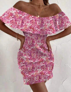 Vestito Donna Tubino Scollo Bardot Fantasia Floreale Spalla Scoperta Casual Elegante -Lindavi Negozio asxasxaz