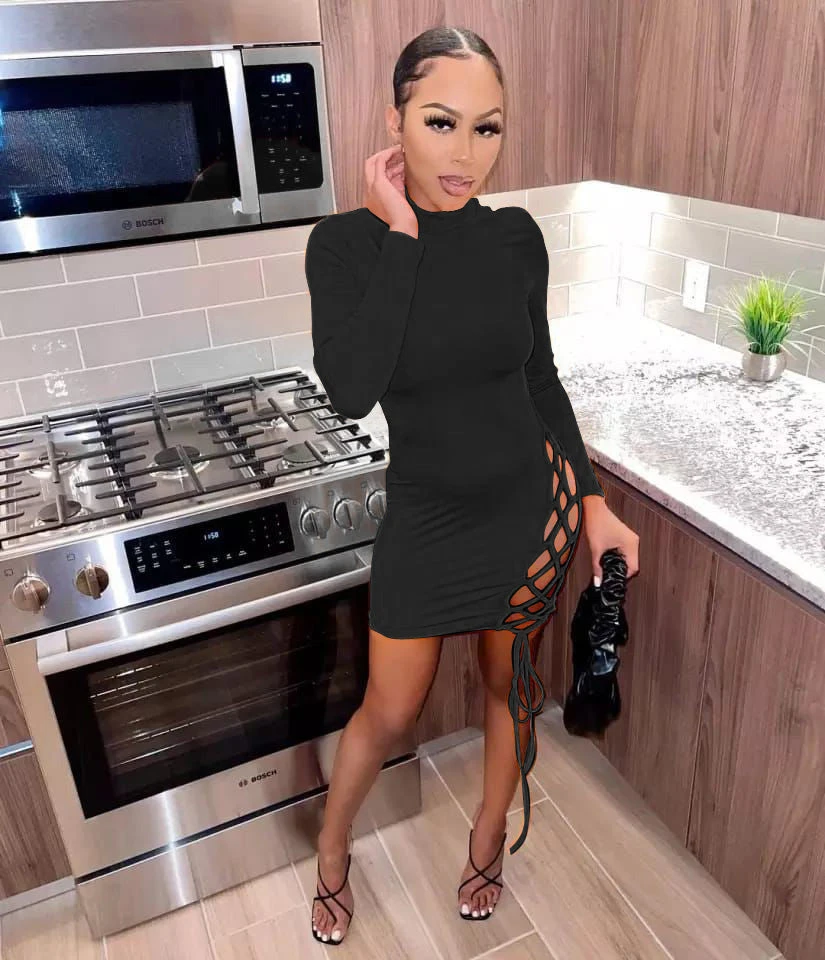 Vestito Donna Corto Aderente Spacco Laterale Lacci Manica Lunga Mezzo Collo 2 Vestito Donna Corto Aderente Spacco Laterale Lacci Manica Lunga Mezzo Collo - immagine 2