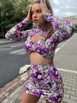 Vestito Donna Tubino Fantasia Fiori Multicolore Cut Out Elegante Sexy