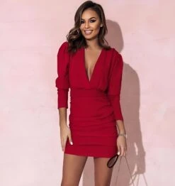 Vestito Donna Tubino Scollo V Profondo Arricciato Aderente Elegante -Lindavi Negozio cddc