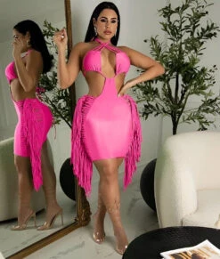 Vestito Donna Tubino Bretella Cut Out Frange Aderente Sexy Elegante
