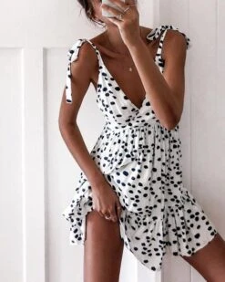 Vestito Donna Bretelle Fiocco Pois Scollo Schiena