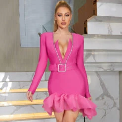 Vestito Donna Tubino Bandage Scollo V Profondo Cintura Strass Volant Elegante Sensuale