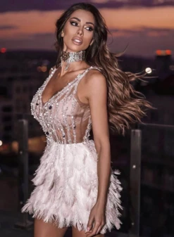 Vestito Donna Scollo Cuore Bretelle Paillettes Piume Bicolore Strass Elegante Sensuale