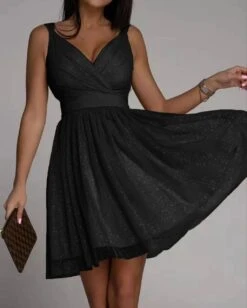 Vestito Donna Bretelle Scollo V Fascia Gonna Svasata Tulle Brillantini Elegante -Lindavi Negozio fdsafdsaf