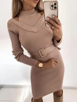 Vestito Donna Tubino Spalla Scoperta Cintura Aderente Casual Elegante Costina