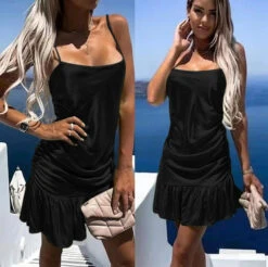 Vestito Donna Bretelle Morbido Rush Arricciato Sensuale Elegante