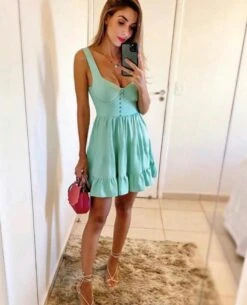 Vestito Donna Bretelle Scollo V Bottoni