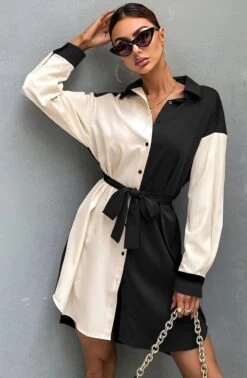 Vestito Donna Camicione Morbido Bicolore Cintura Casual Elegante