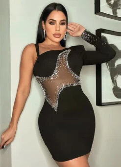 Vestito Donna Tubino Mono Spalla Bretella Strass Aderente Velato Elegante Sensuale