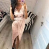 Abito Donna Vestito Lungo Spacco Cintura Scollo V Paillettes Elegante Feste Eventi Party