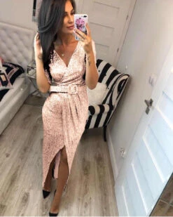 Abito Donna Vestito Lungo Spacco Cintura Scollo V Paillettes Elegante Feste Eventi Party