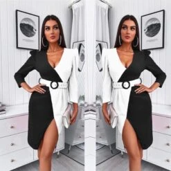 Vestito Donna Blazer Tubino Bicolore Cintura Spacco -Lindavi Negozio image 02079d3a 2159 4239 b5bc 8627fb595cc4