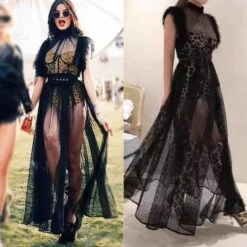 Vestito Donna Lungo Traforato Body Leopardato Casual