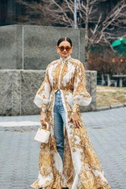 Abito Donna Vestito Lungo Camicia Fantasia Manica Lunga Sbuffo Casual