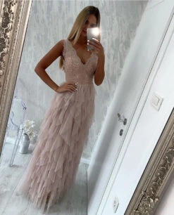 Abito Lungo Vestito Donna Elegante Tulle Sfrangiato Corpetto Merletto Feste Eventi Party