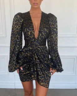 Vestito Donna Tubino Fantasia Scollo Profondo Manica Lunga Sbuffo