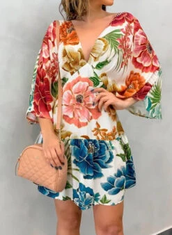 Abito Donna Vestito Fantasia Blusa Scollo V Manica Corta Casual Vintage