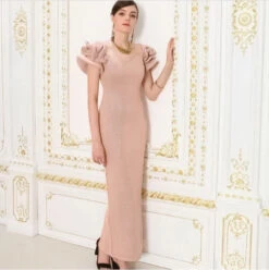 Abito Donna Vestito Lungo Spacco Mezza Manica Balze Voilant Elegante