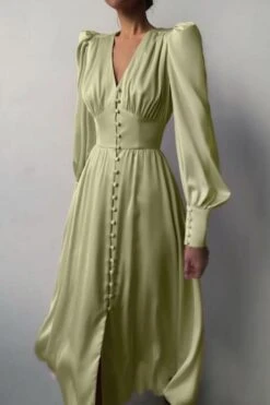 Vestito Donna Lungo Scollo V Spalline Maniche Sbuffo Bottoncini Casual