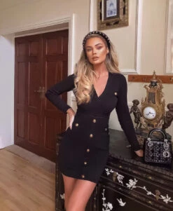 Vestito Donna Tubino Scollo V Manica Lunga Bottoni Oro