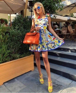 Vestito Donna Fantasia Fiocco Bretelle Svasato Morbido Positano Casual Vintage