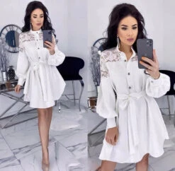 Vestito Donna Morbido Camicia Macramé Manica Sbuffo