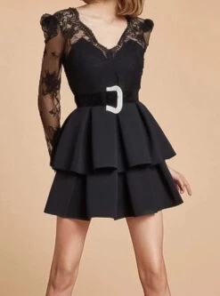 Vestito Donna Manica Merletto Gonna Balze