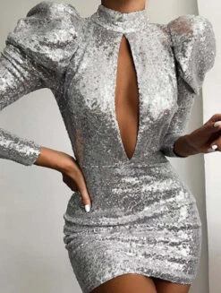 Vestito Donna Tubino Paillettes Scollo Profondo