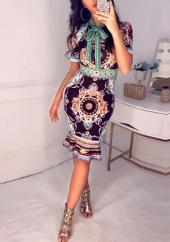 Vestito Donna Fantasia Abito Aderente Giromanica Elegante Feste Party Eventi