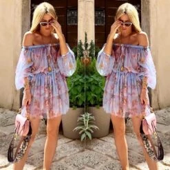 Vestito Donna Fantasia Scollo Barca Manica Lunga Velato Casual Vintage Elegante