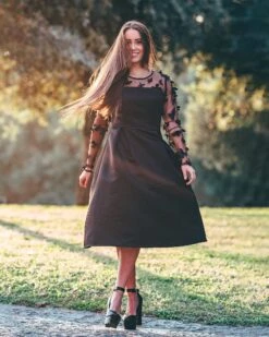 Vestito Donna Corto Manica Lunga Velata Tulle Vestitino Svasato Elegante