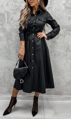 Vestito Donna Eco Pelle Camicia Lunga Bottoni Casual