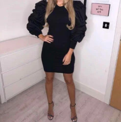 Vestito Donna Tubino Costine Aderente Manica Lunga Sbuffo Casual Vintage