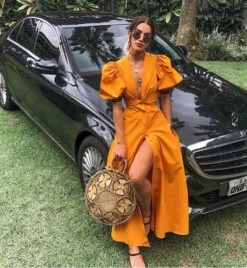 Abito Donna Vestito Lungo Spacco Bottoni Scollo V Manica Sbuffo Palloncino Casual