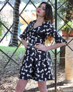 Vestito Donna Corto Fantasia Manica TreQuarti Svasato Vestitino Scollato