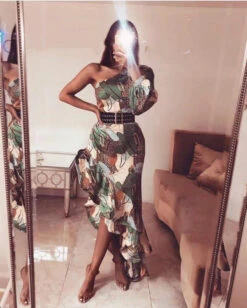 Abito Donna Vestito Asimmetrico Fantasia Cintura Mono Spalla Elegante