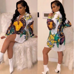 Vestito Donna Camicia Fantasia Manica Lunga