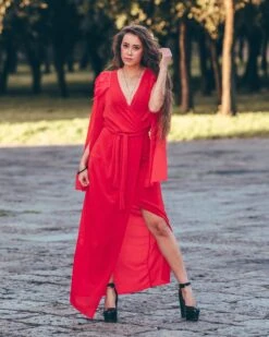 Abito Donna Vestito Lungo Manica Lunga Scollo A V Spacco Elegante