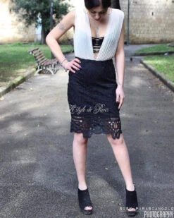 Vestito Donna Bicolore Tubino Scollo Profondo Gonna Merletto Vestitino