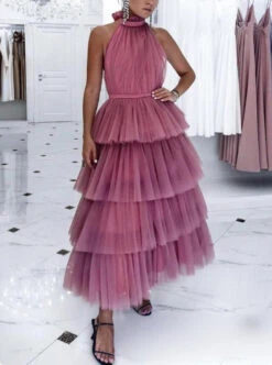 Abito Donna Vestito Lungo Tulle Balze Elegante Feste Eventi Party