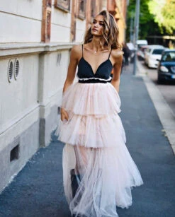 Abito Donna Vestito Lungo Tulle Balze Elegante