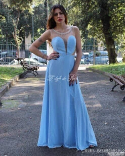 Abito Donna Vestito Lungo Chiffon Giromanica Scollo Velato Perline Elegante