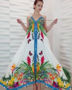 Abito Donna Vestito Lungo Fantasia Scollo Schiena Scollo V Casual Vintage