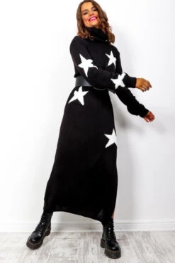 Vestito Donna Maxi Pull Lungo Lana Fantasia Spacco Casual