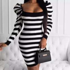 Vestito Donna Tubino Fantasia Righe Costine Spalla Sbuffo