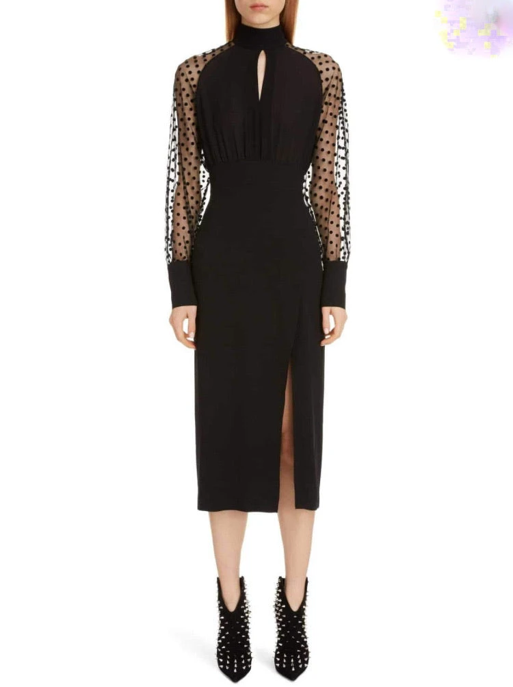 Vestito Tubino Donna Spacco Manica Lunga Elegante 1 Vestito Tubino Donna Spacco Manica Lunga Elegante